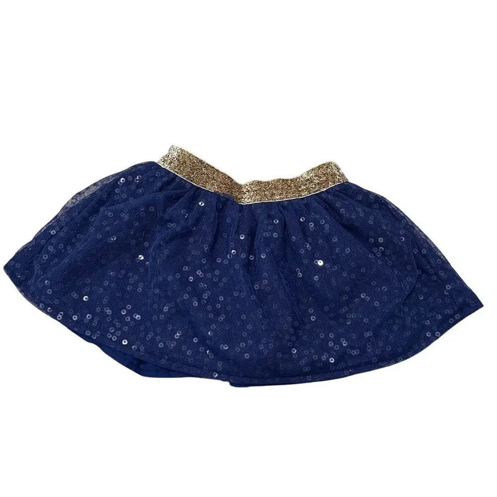 OshKosh B'gosh Navy Blue Sequin Tulle Tutu Skirt Gold Glitter Glam Size 12M